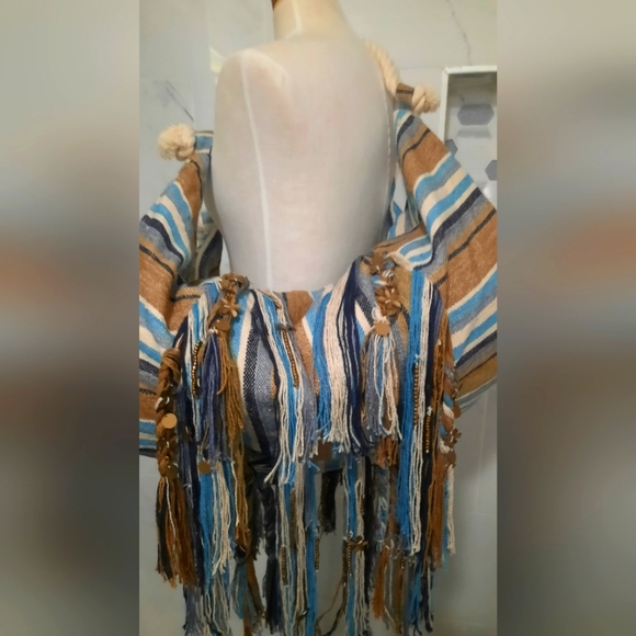 Boho Hobo Bag Braided Tassels, Fringe & Sequins Neutral & Blue Colors NWOT